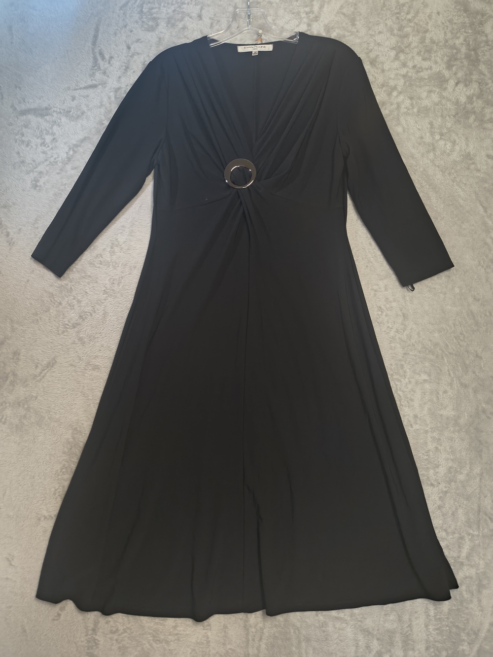 Classic Black V-Neck Midi Dress with Ring Detail